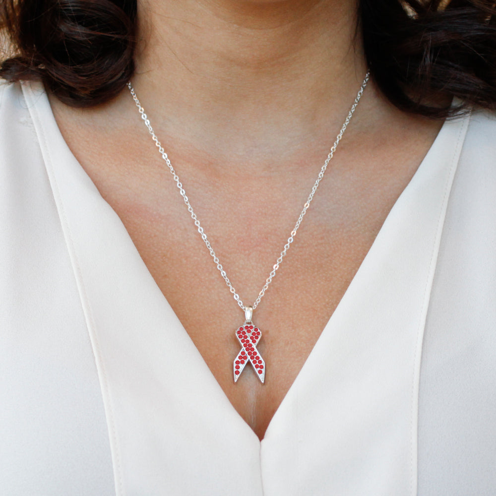 Silver Red Ribbon Charm Classic Necklace