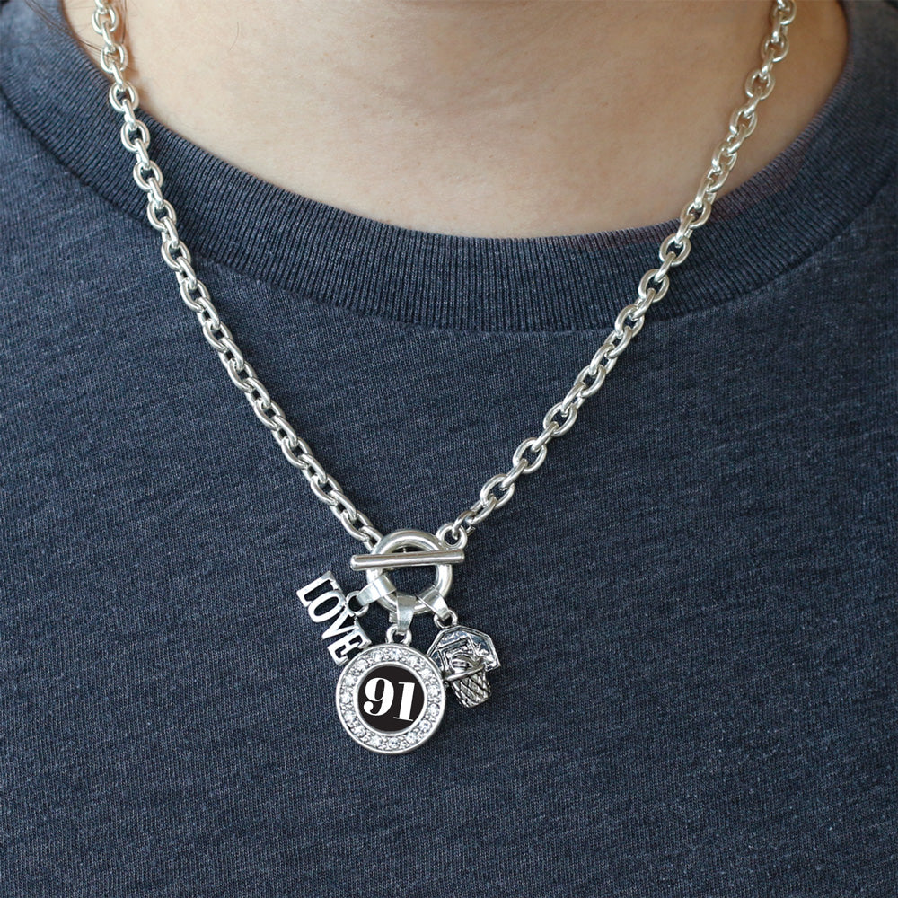 Silver Basketball Hoop - Sports Number 91 Circle Charm Toggle Necklace