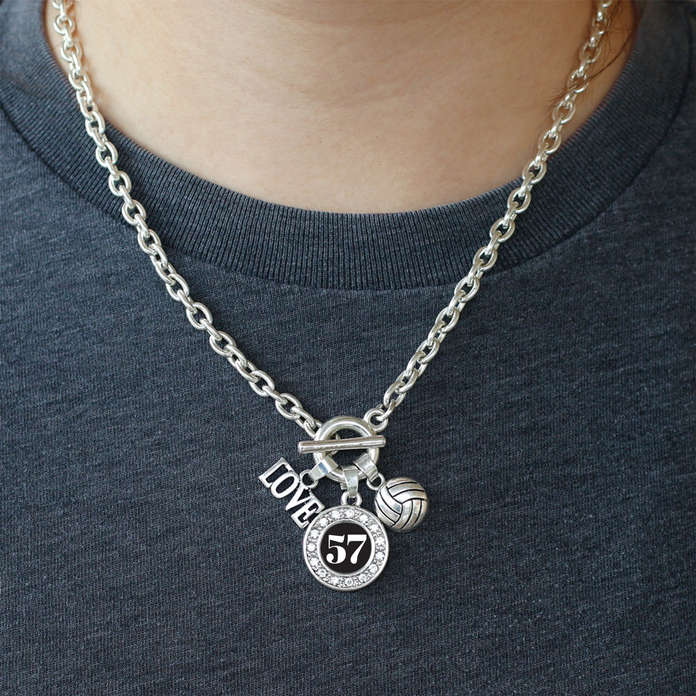 Silver Volleyball - Sports Number 57 Circle Charm Toggle Necklace