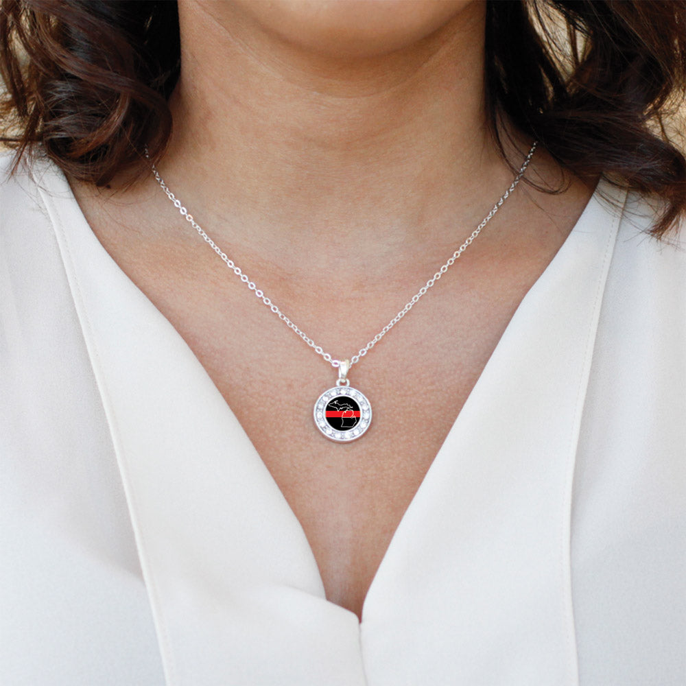 Silver Michigan Thin Red Line Circle Charm Classic Necklace