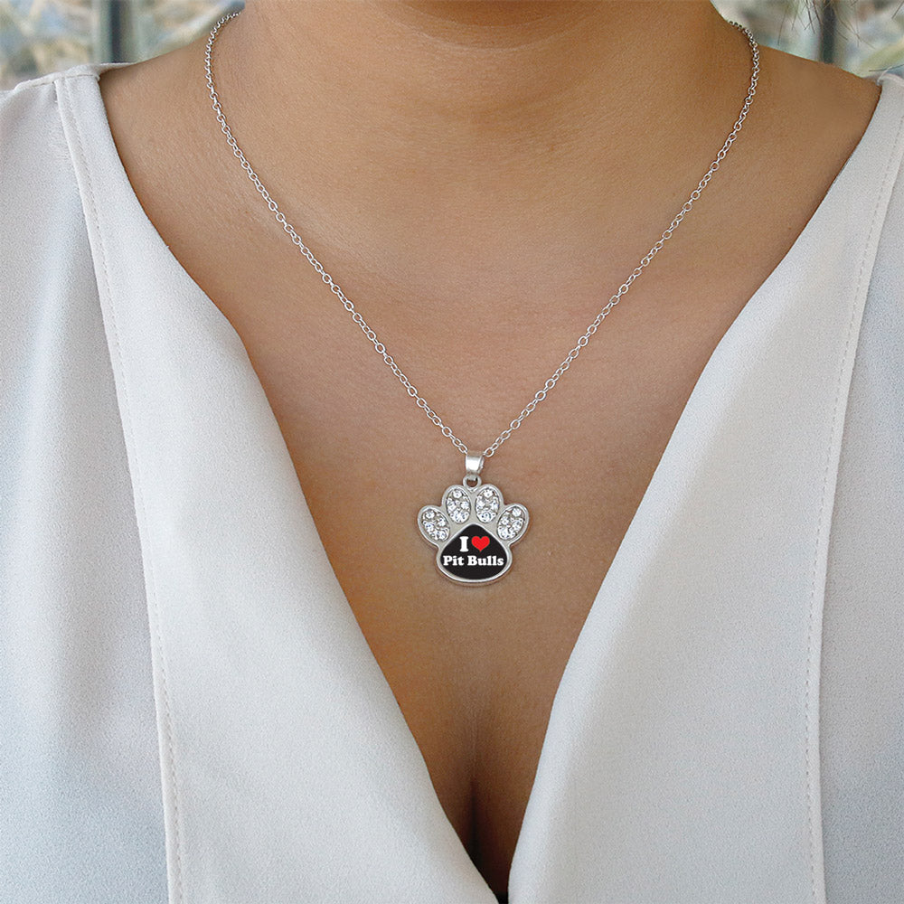 Silver I Love Pit Bulls Pave Paw Charm Classic Necklace
