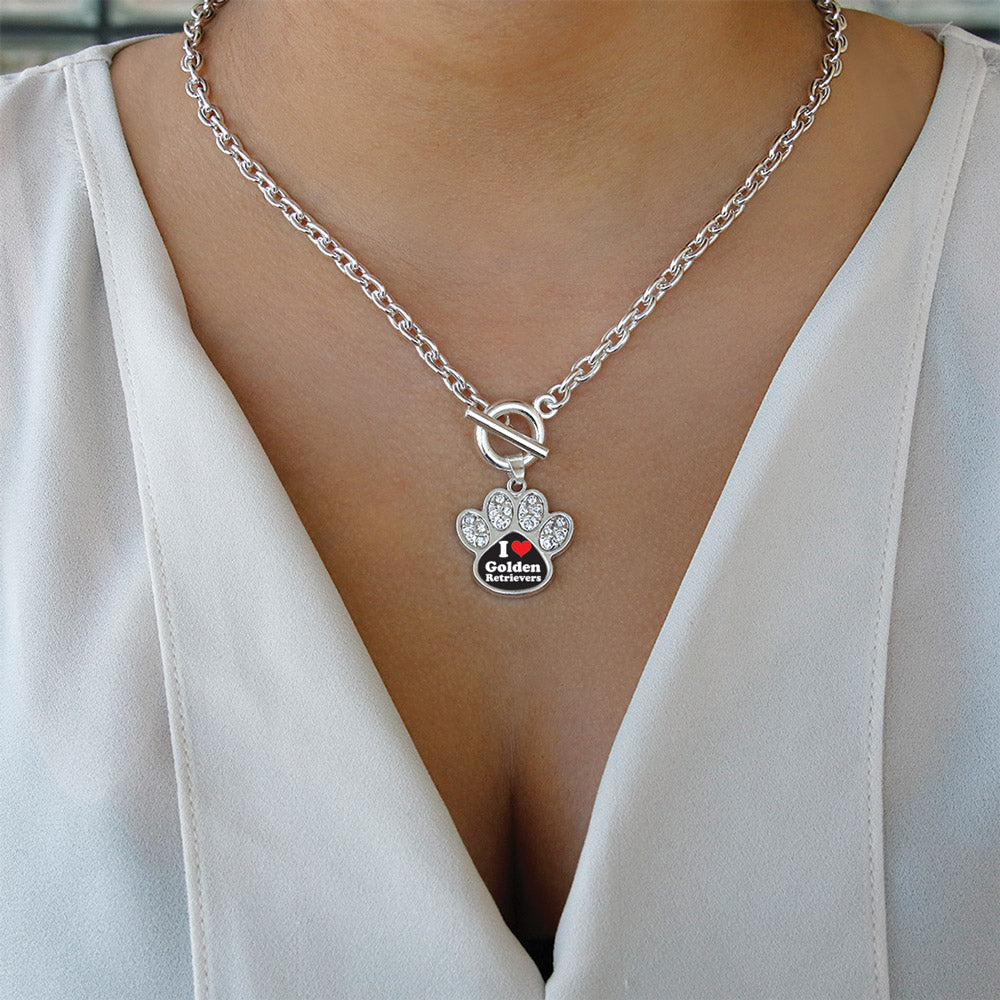 Silver I Love Golden Retievers Pave Paw Charm Toggle Necklace