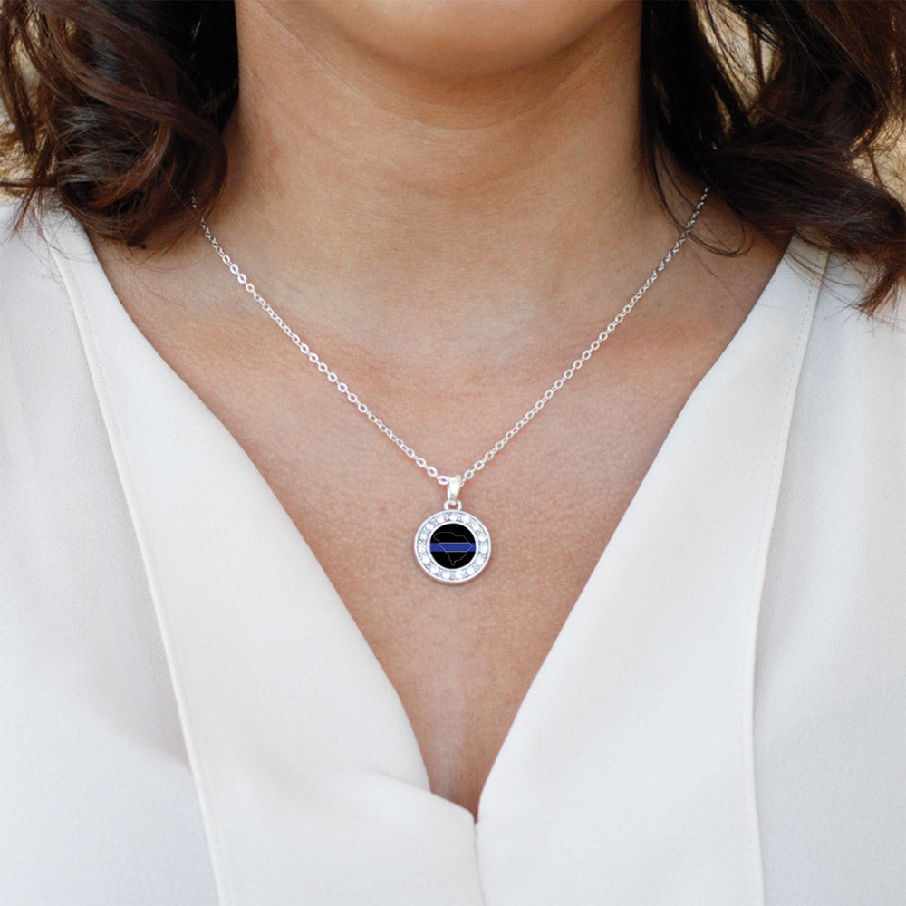Silver South Carolina Thin Blue Line Circle Charm Classic Necklace
