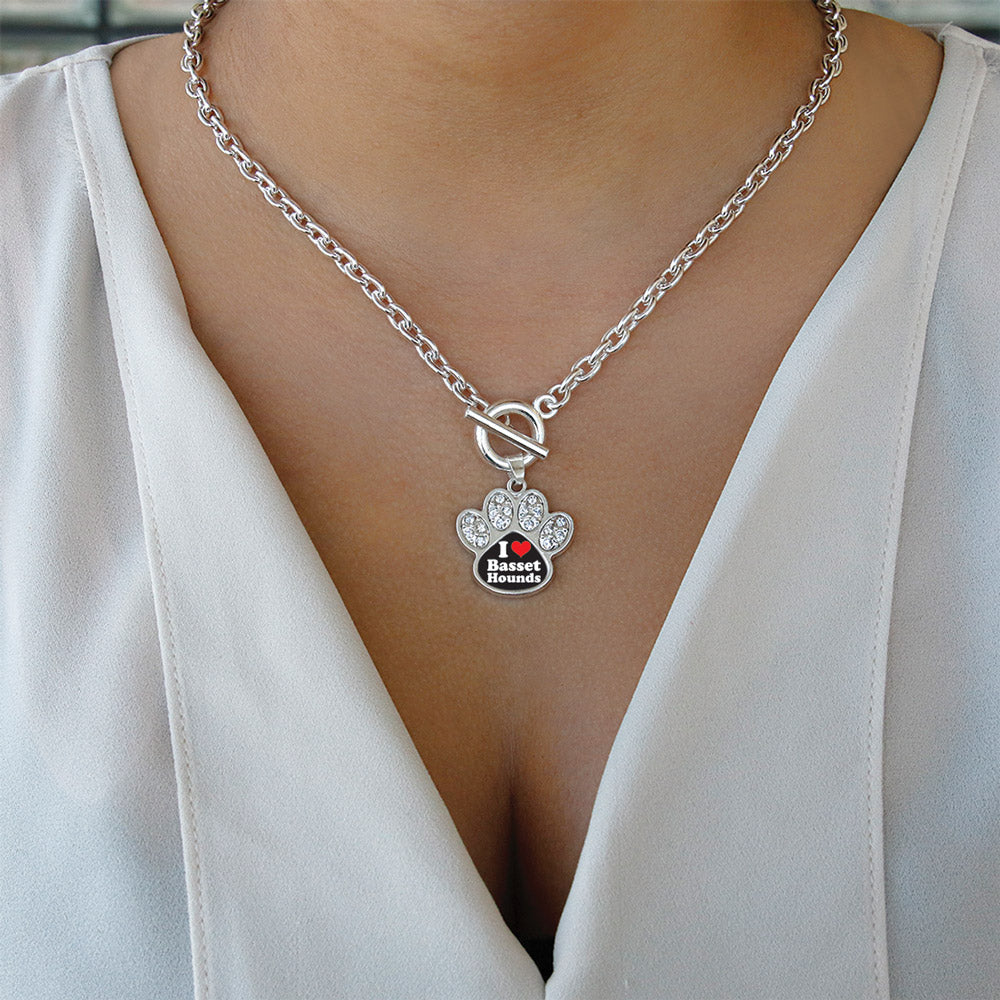 Silver I Love Basset Hounds Pave Paw Charm Toggle Necklace