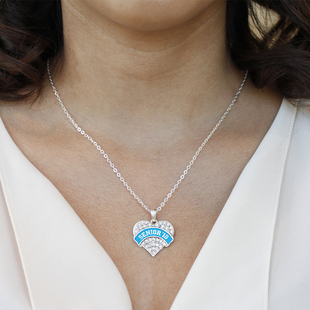 Silver Blue Senior 2018 Pave Heart Charm Classic Necklace