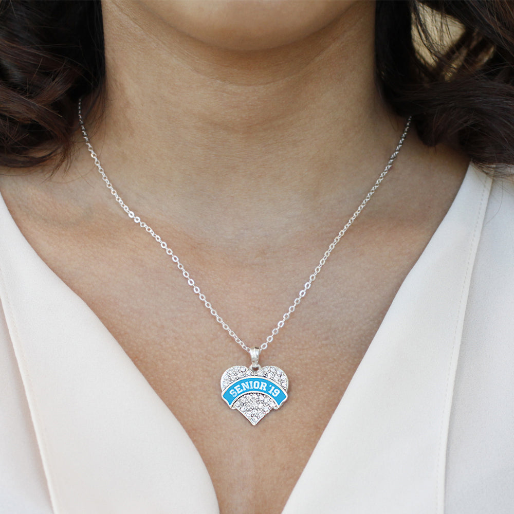 Silver Blue Senior 2019 Pave Heart Charm Classic Necklace