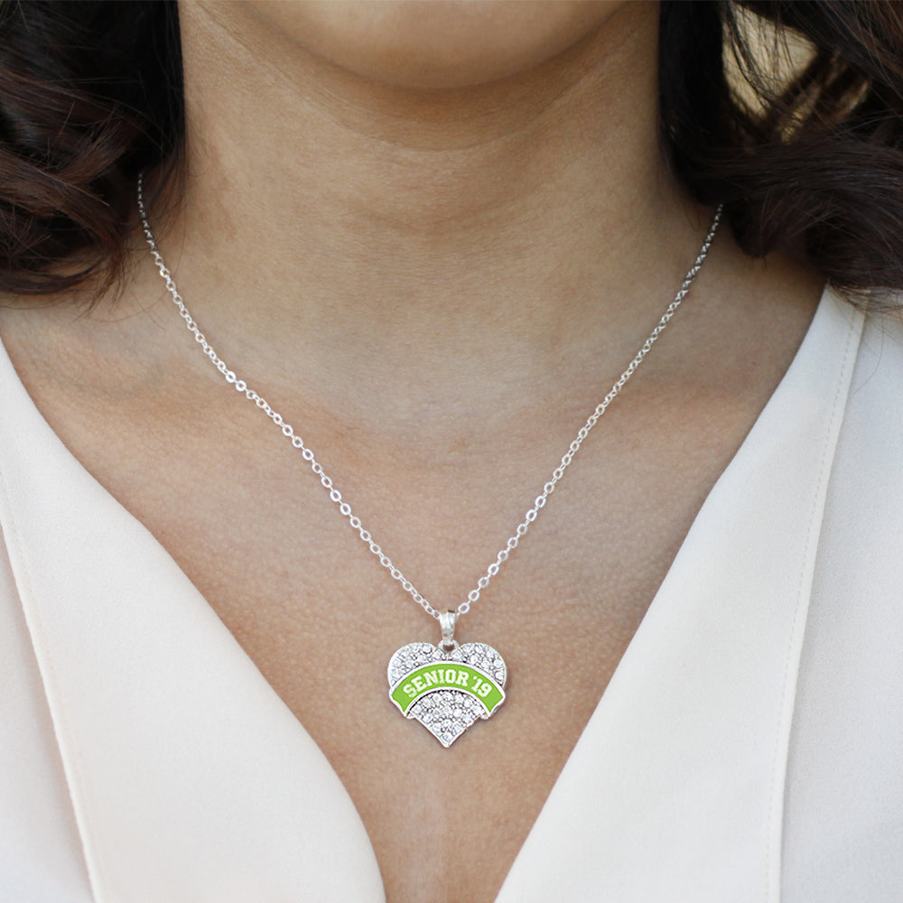 Silver Lime Green Senior 2019 Pave Heart Charm Classic Necklace