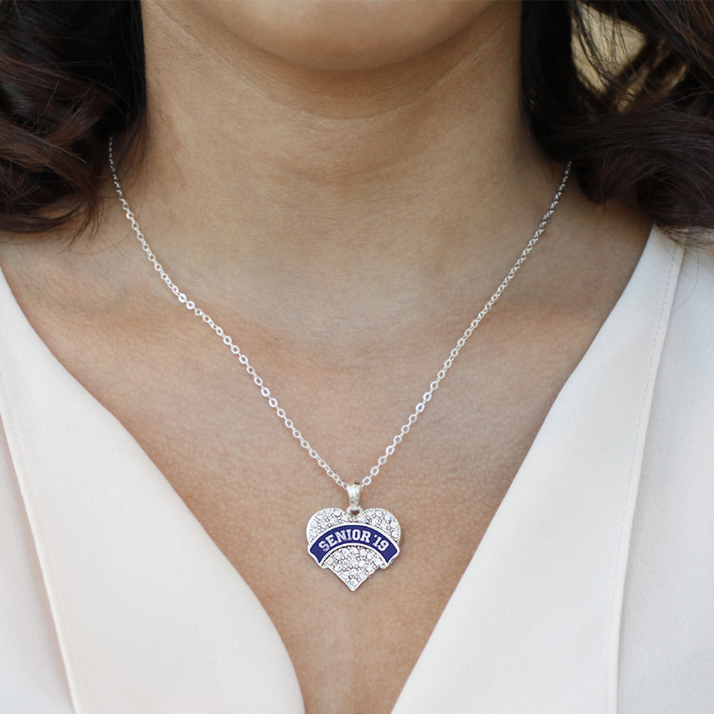 Silver Navy Blue Senior 2019 Pave Heart Charm Classic Necklace