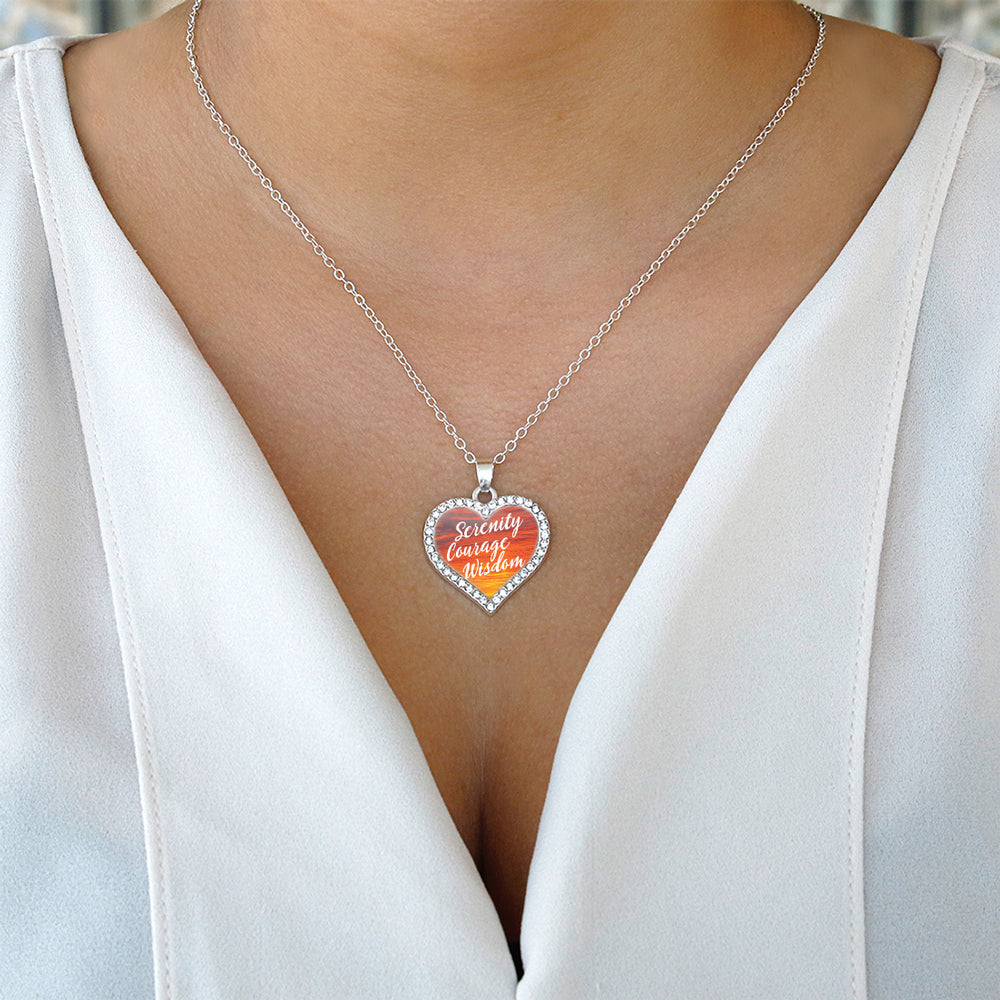 Silver Sunset Serenity Prayer Open Heart Charm Classic Necklace
