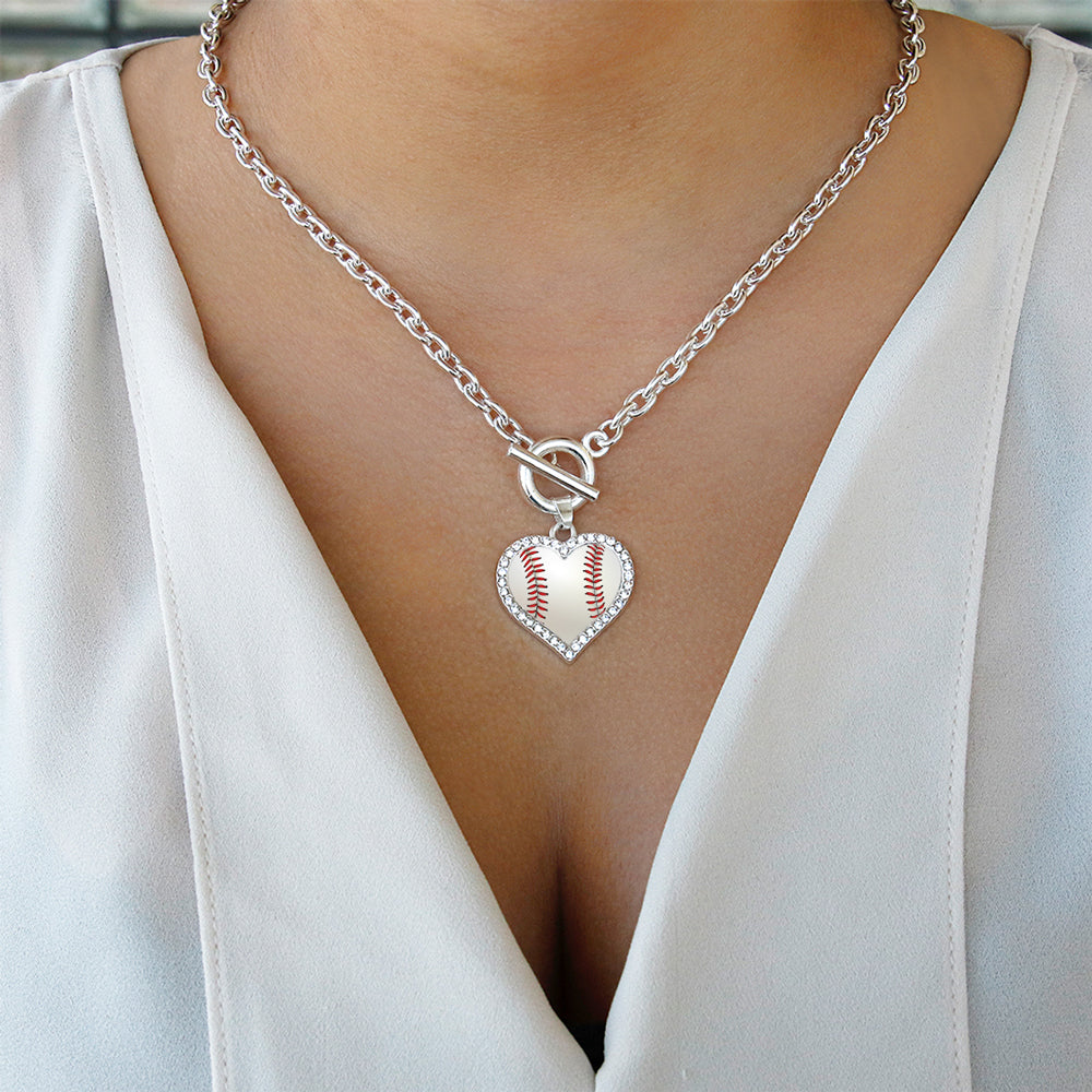 Silver Baseball Open Heart Charm Toggle Necklace