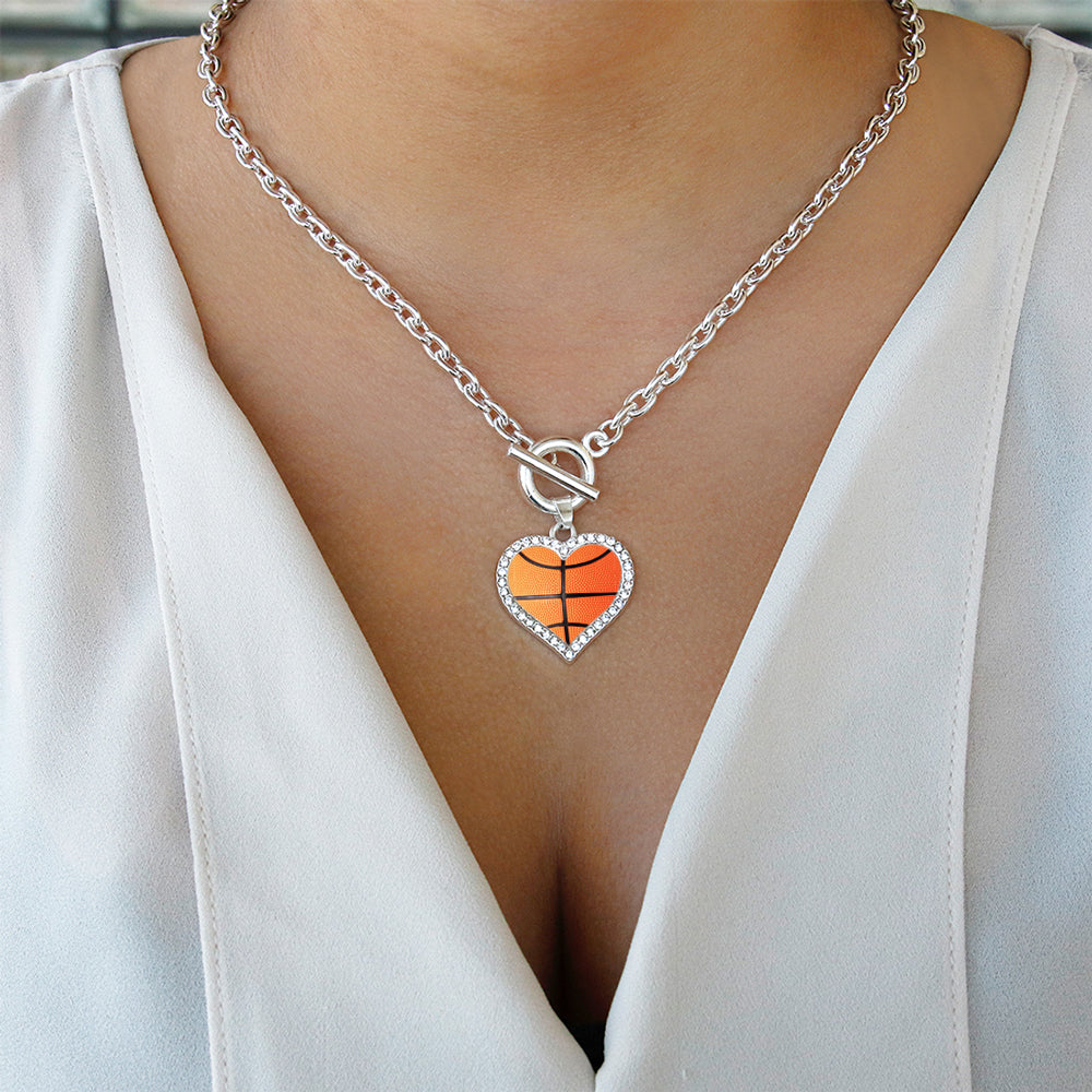Silver Basketball Open Heart Charm Toggle Necklace