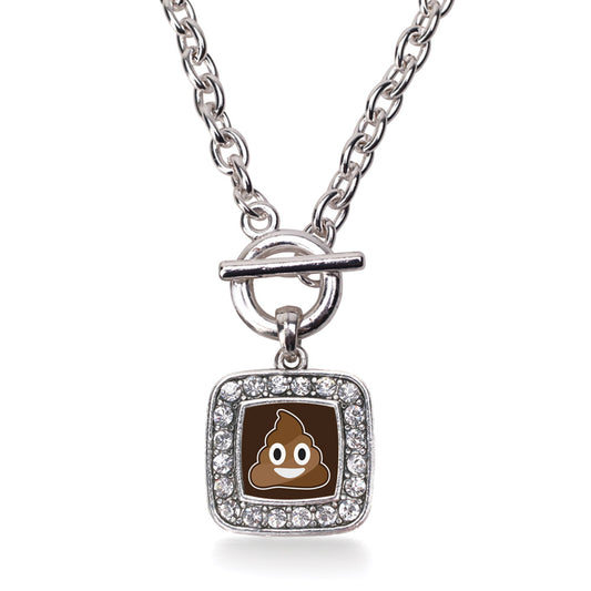 Silver Poop Emoji Square Charm Toggle Necklace