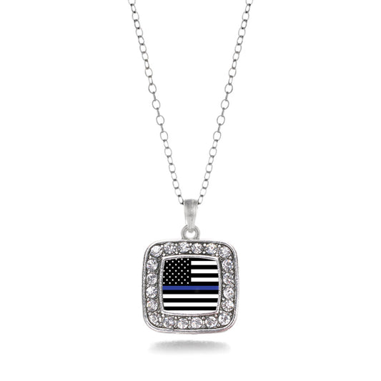 Silver Thin Blue Line American Flag Square Charm Classic Necklace