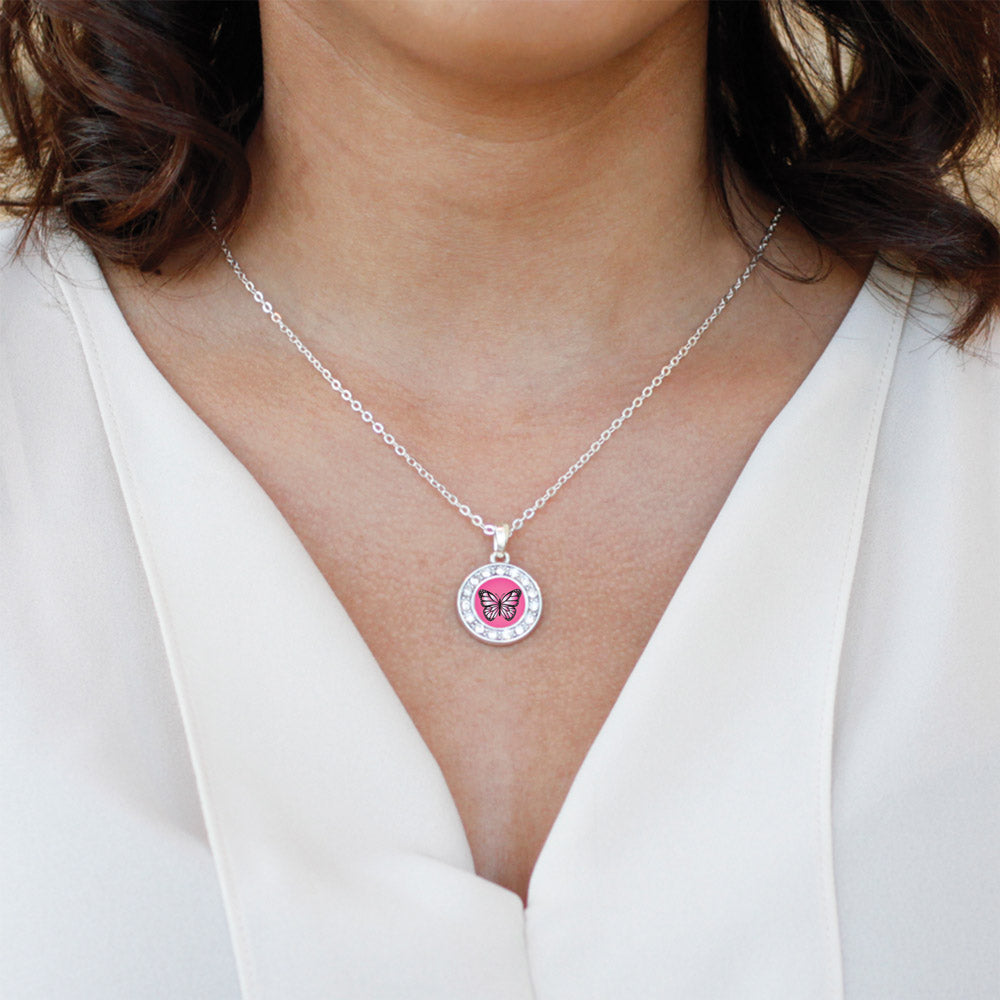 Silver Pink Butterfly Circle Charm Classic Necklace