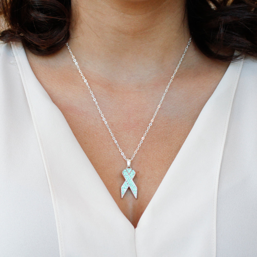 Silver Aqua Ribbon Charm Classic Necklace