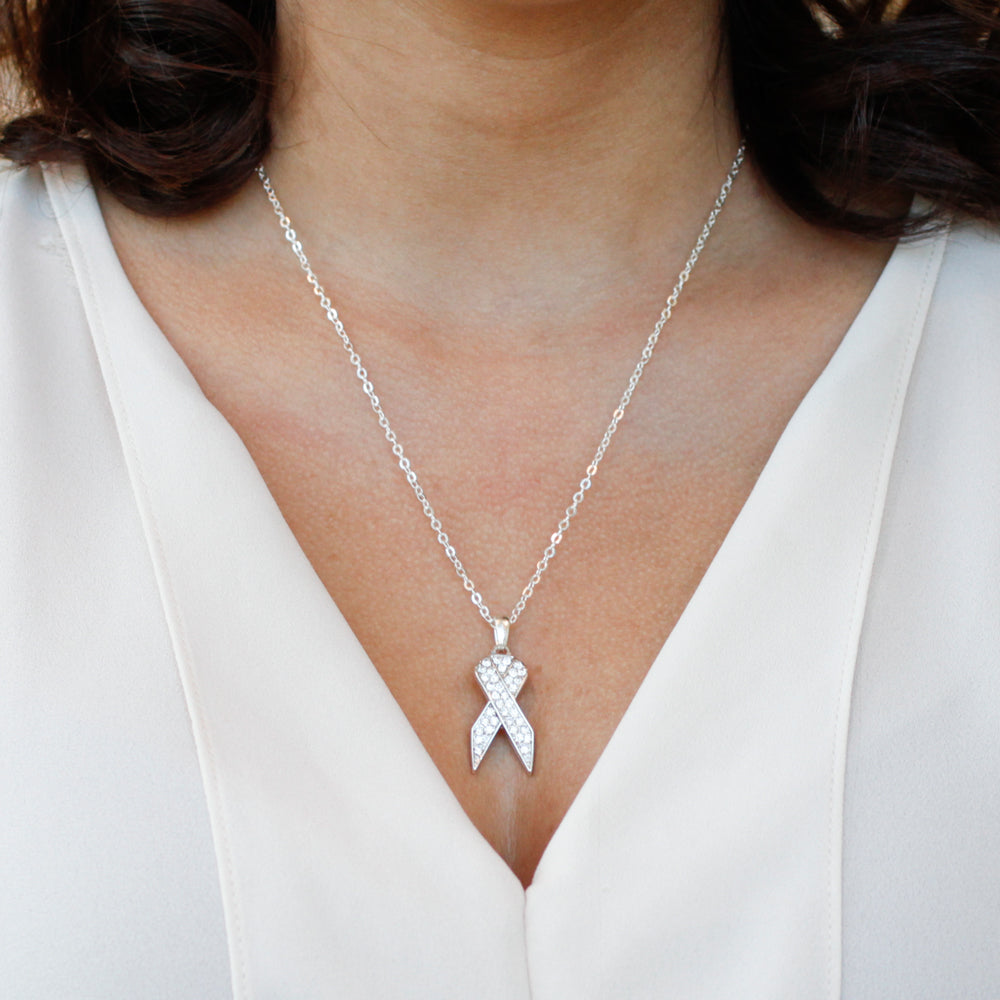 Silver Clear Ribbon Charm Classic Necklace