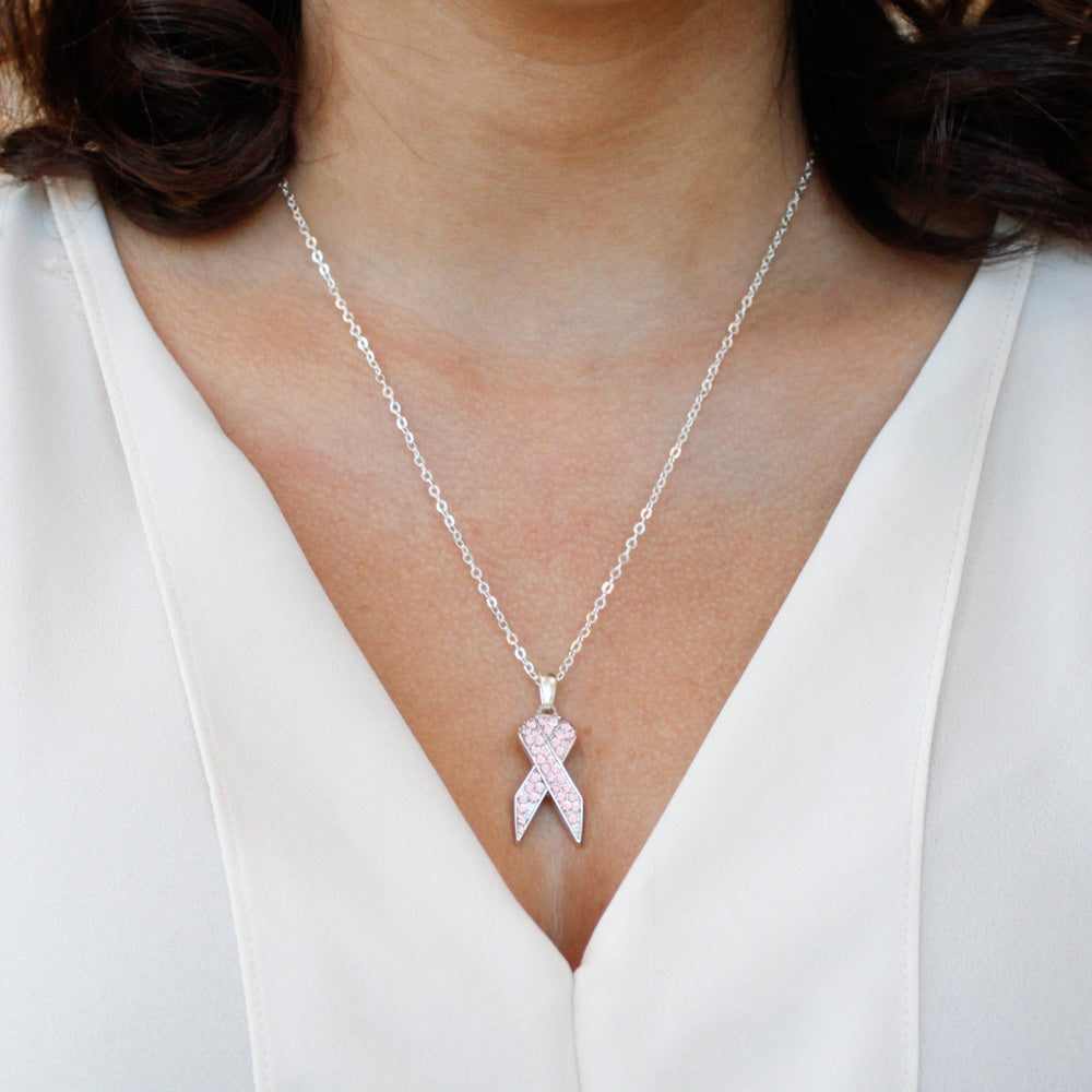 Silver Pink Ribbon Charm Classic Necklace