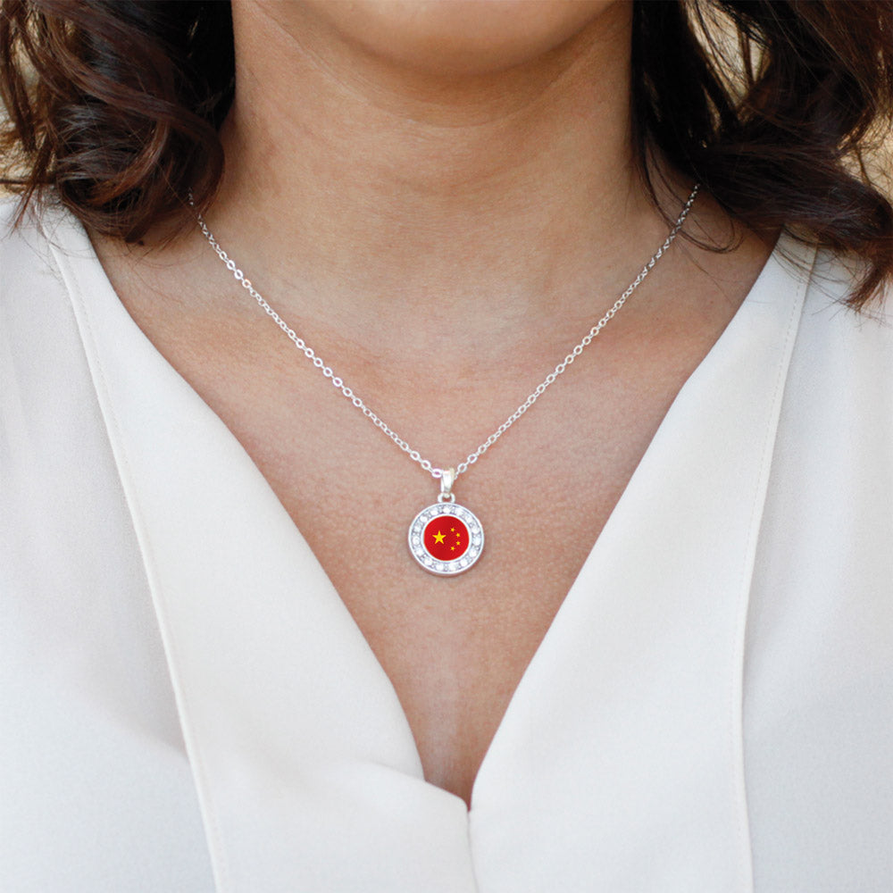 Silver China Flag Circle Charm Classic Necklace