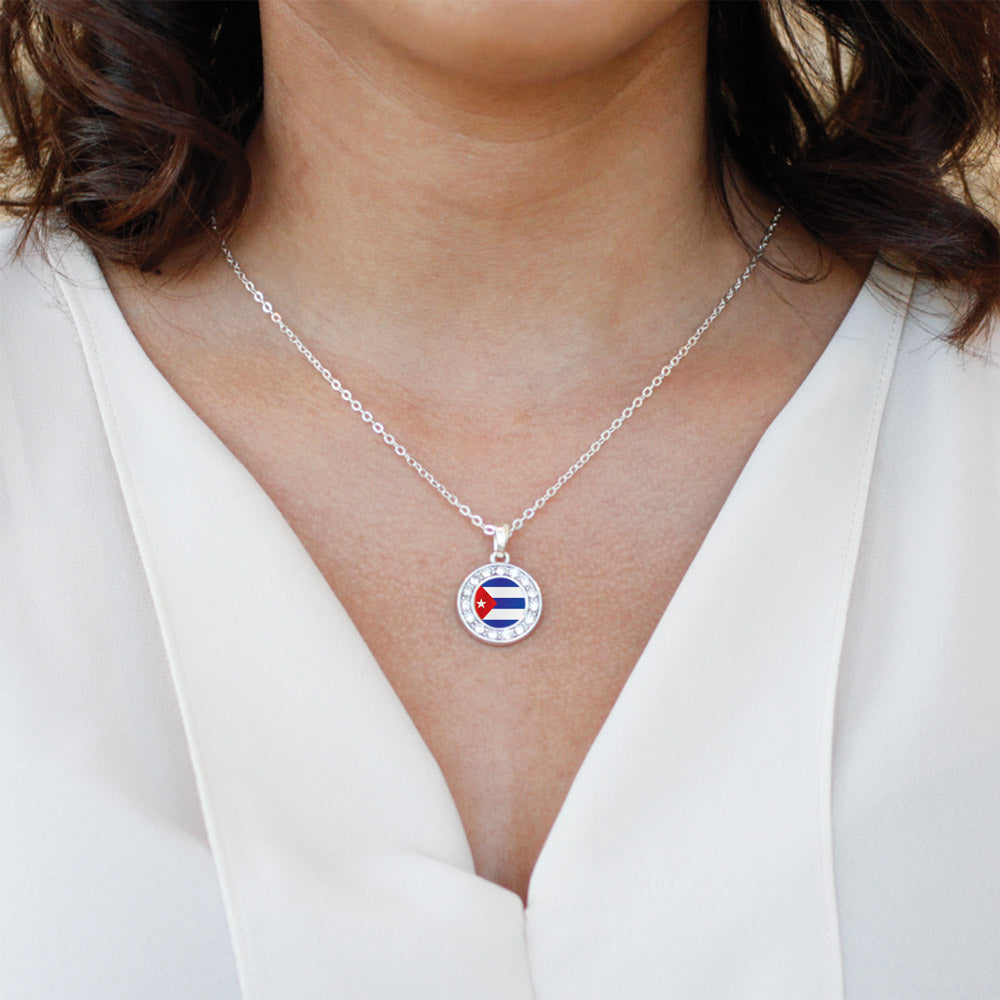 Silver Cuba Flag Circle Charm Classic Necklace