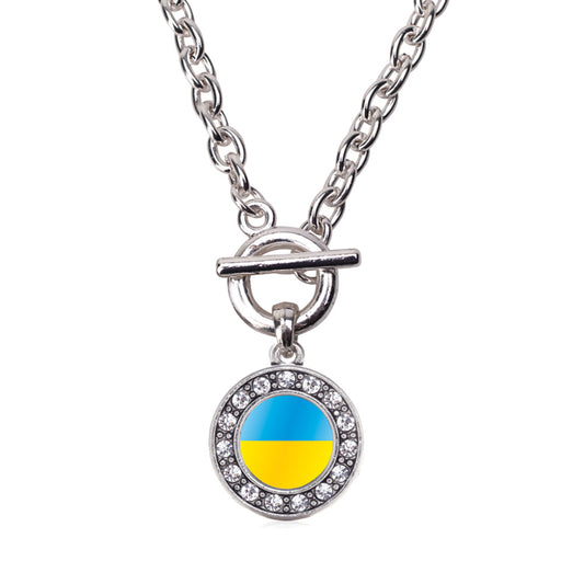Silver Ukraine Flag Circle Charm Toggle Necklace