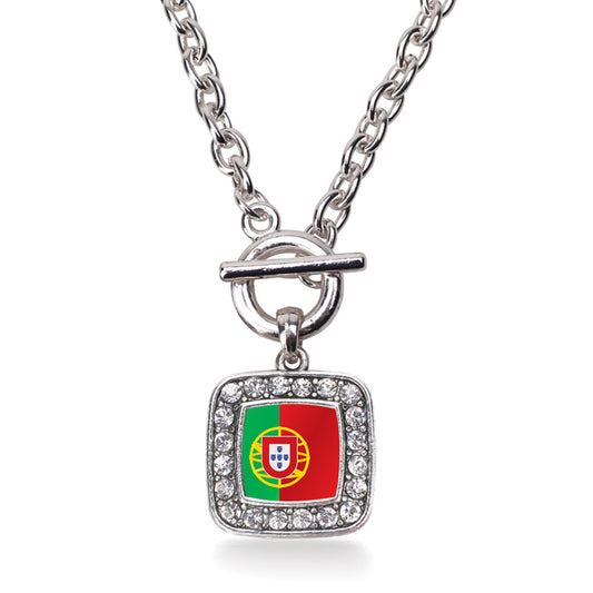 Silver Portugal Flag Square Charm Toggle Necklace