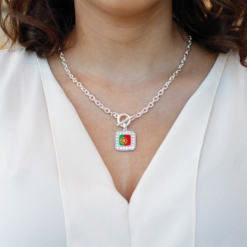 Silver Portugal Flag Square Charm Toggle Necklace