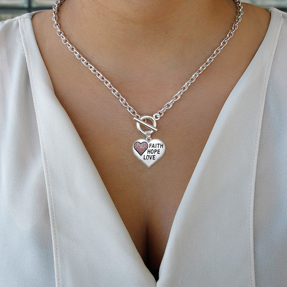 Silver Faith Hope Love Heart Charm Toggle Necklace