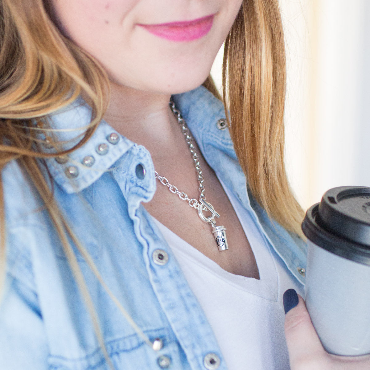 Silver Coffee Travel Mug Charm Toggle Necklace