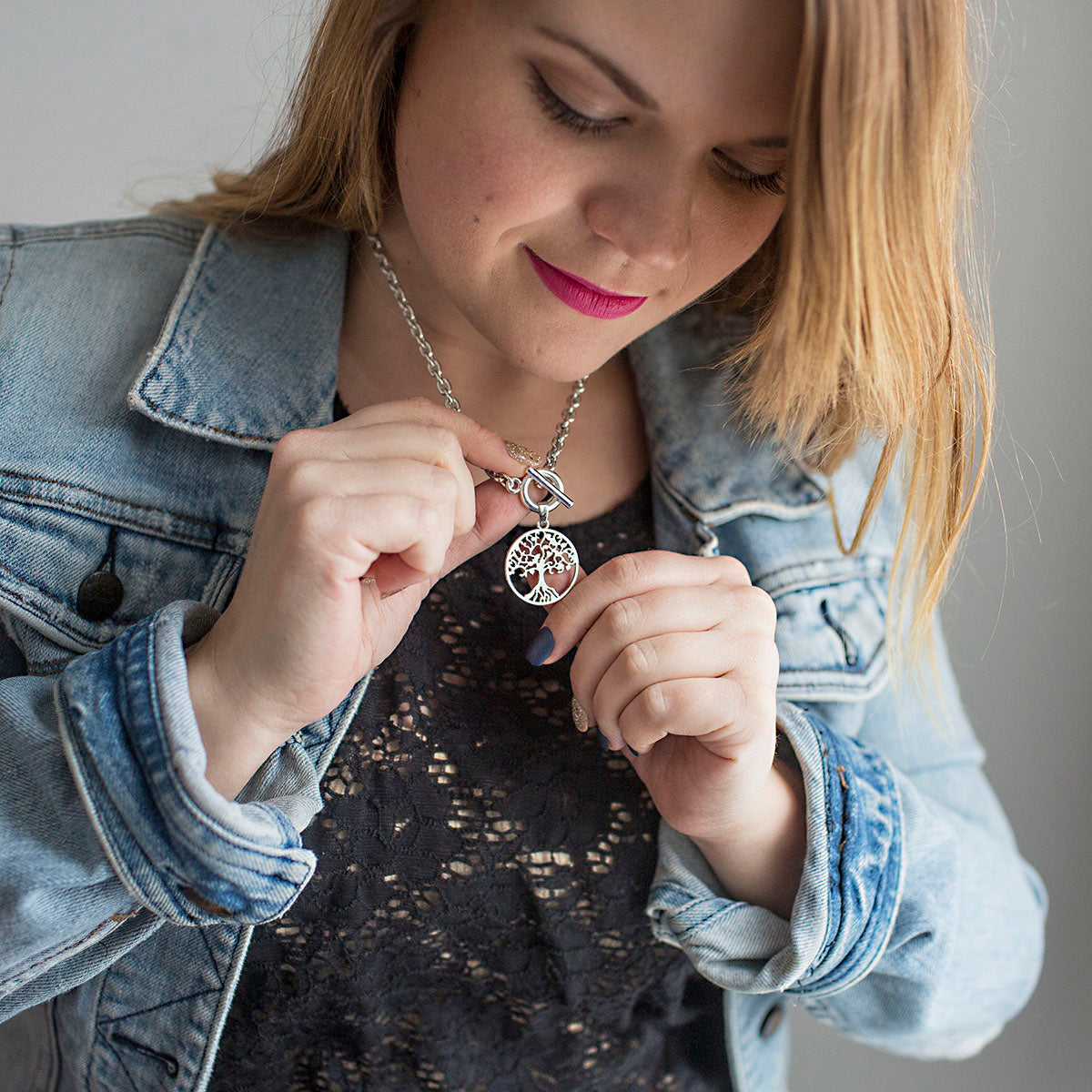 Silver Tree Of Life Charm Toggle Necklace