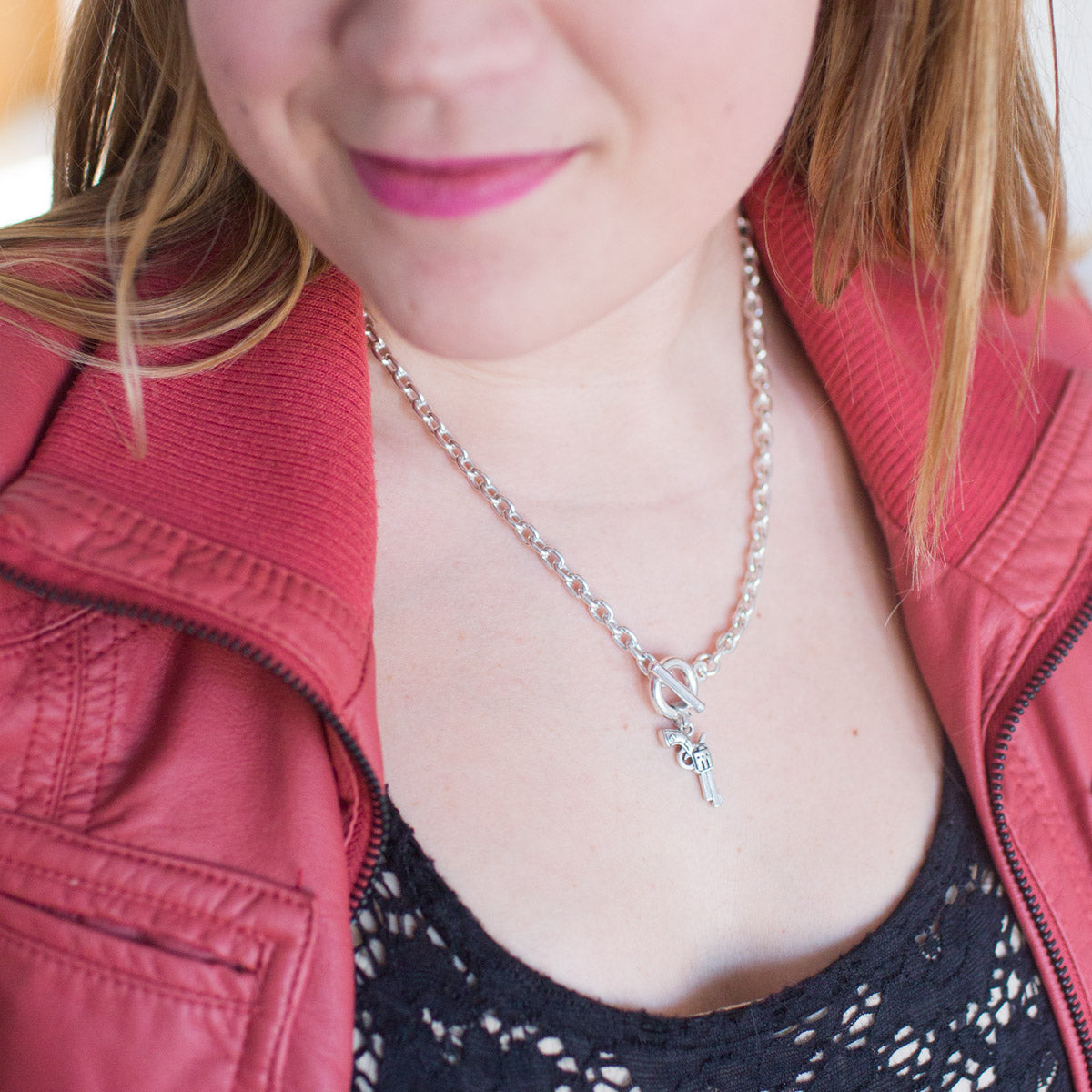 Silver Revolver Charm Toggle Necklace