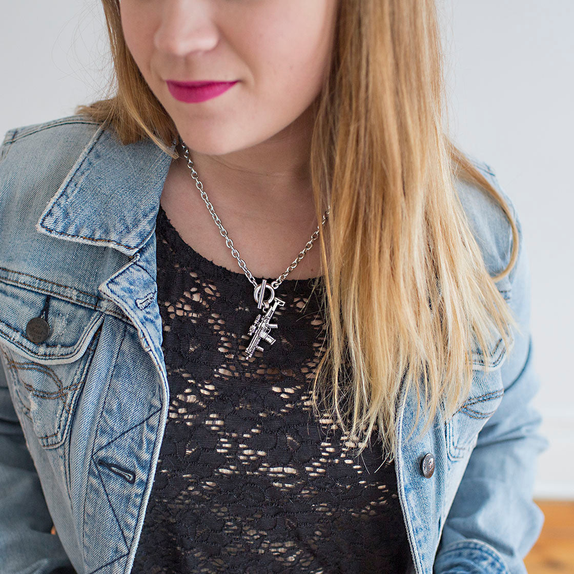 Silver Assault Rifle Charm Toggle Necklace