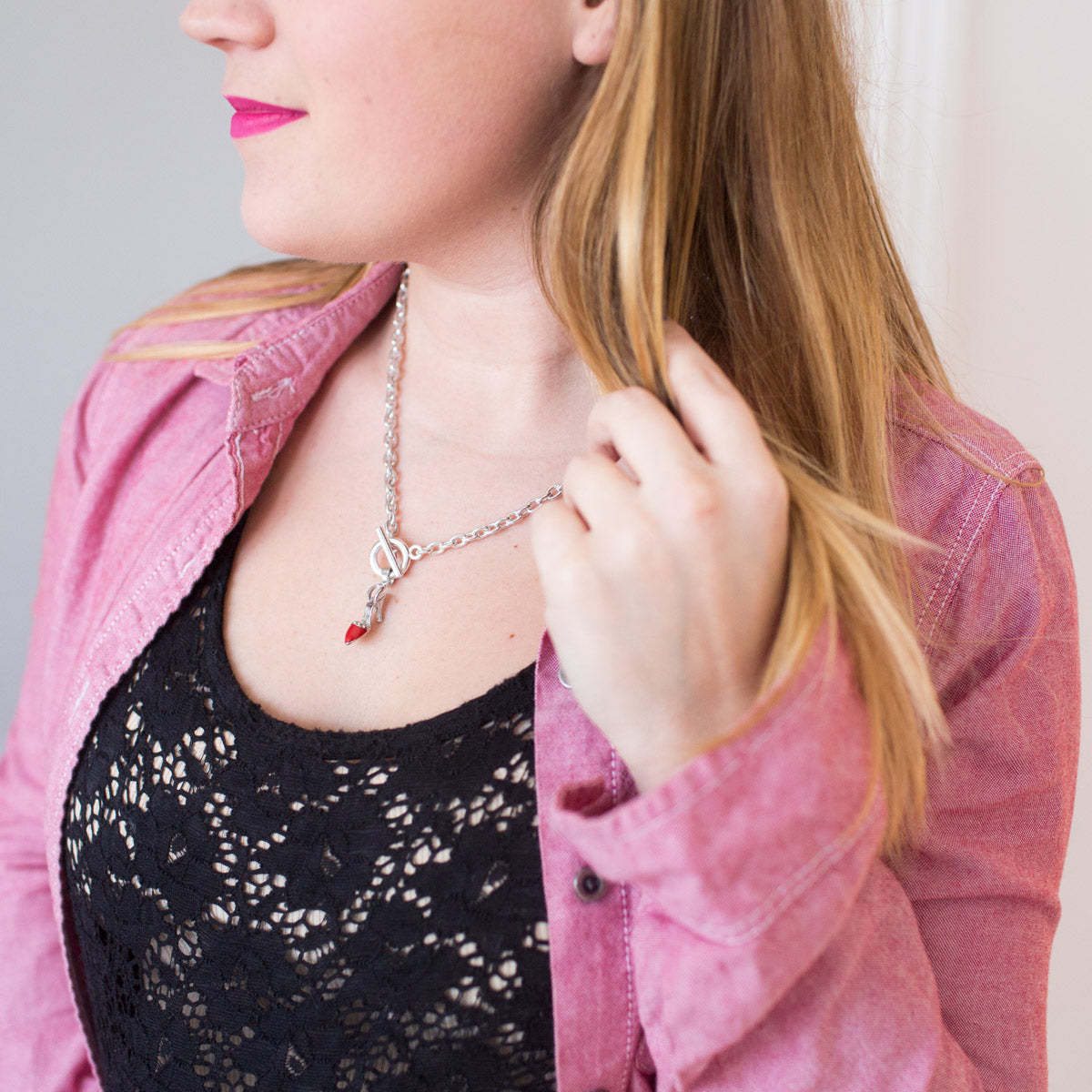 Silver Red Heel Shoe Charm Toggle Necklace