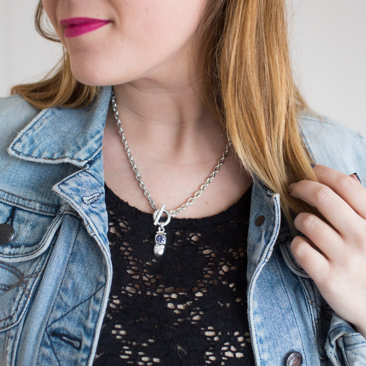 Silver Baby Shoe Charm Toggle Necklace