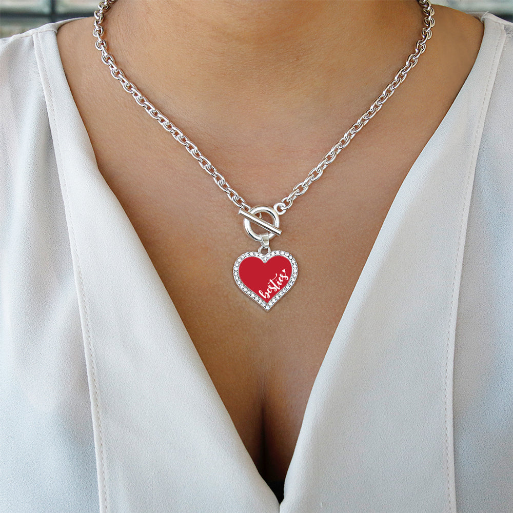 Silver Besties - Red Open Heart Charm Toggle Necklace
