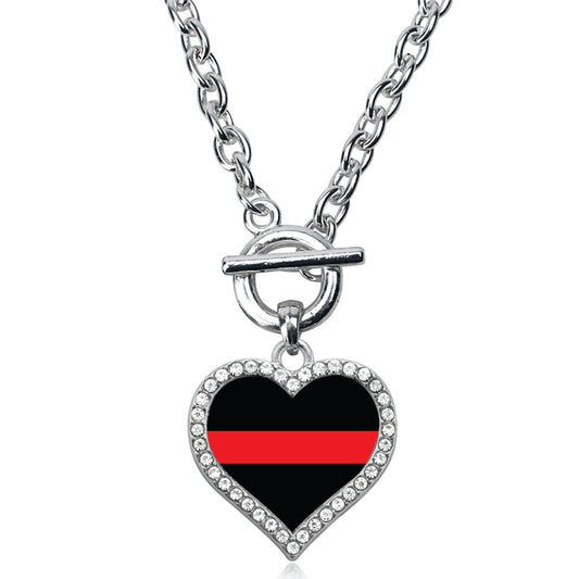 Silver Thin Red Line - Firefighter Support Open Heart Charm Toggle Necklace