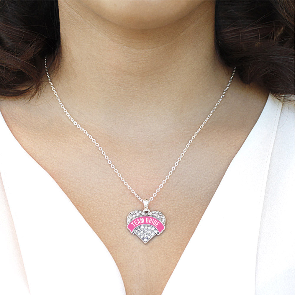 Silver Team Bride Pave Heart Charm Classic Necklace