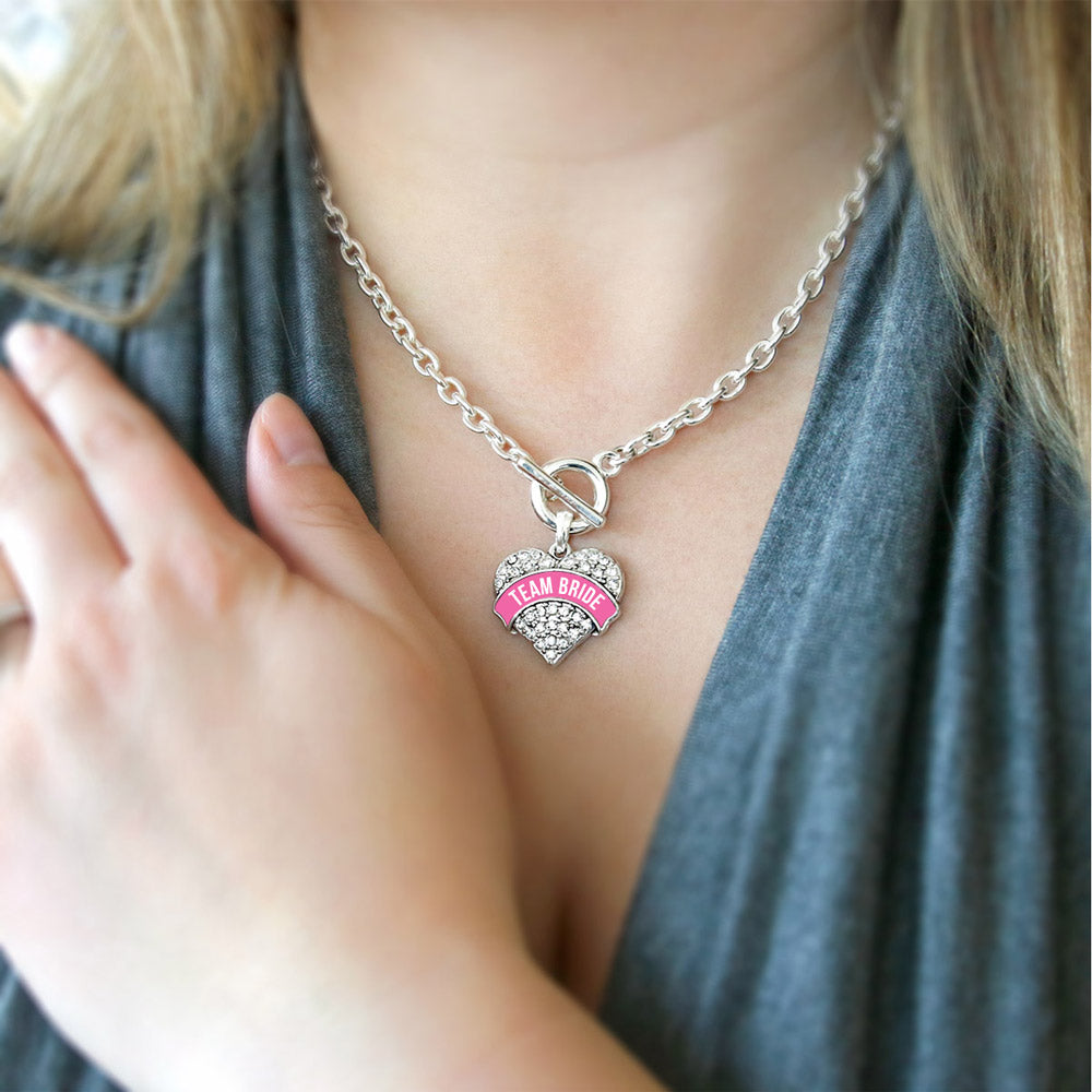 Silver Team Bride Pave Heart Charm Toggle Necklace