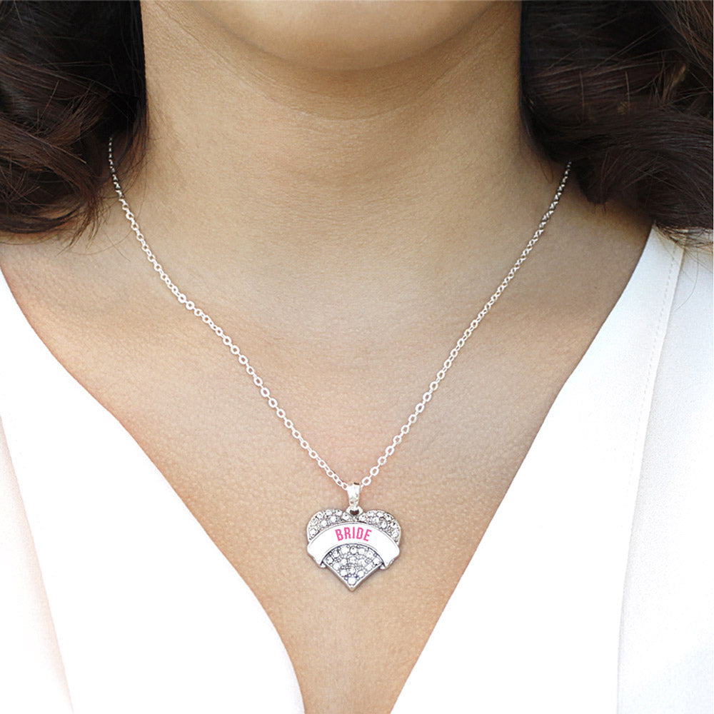 Silver White Banner Bride Pave Heart Charm Classic Necklace
