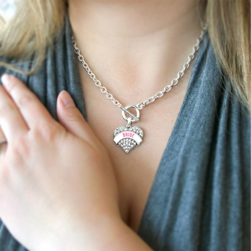 Silver White Banner Bride Pave Heart Charm Toggle Necklace