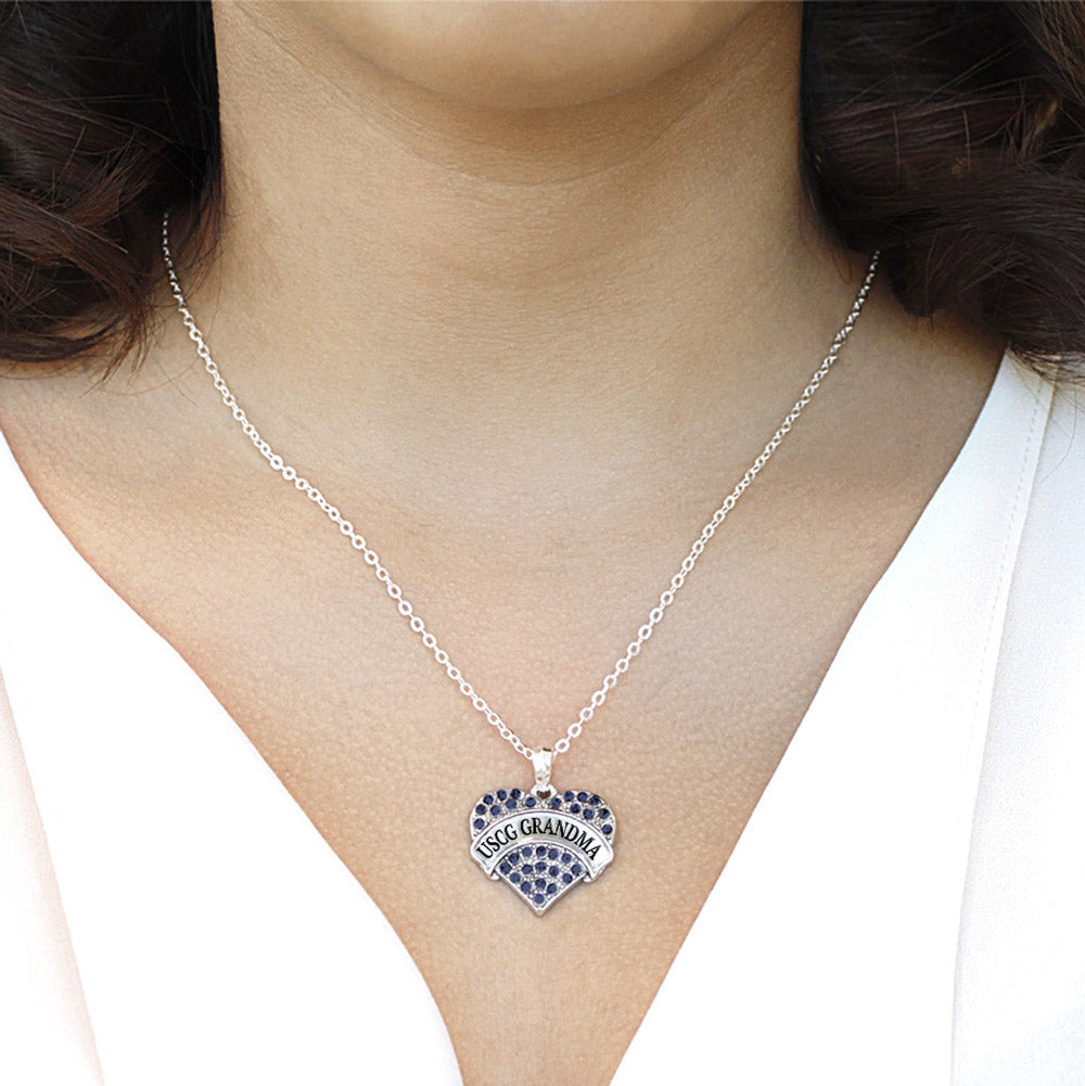 Silver USCG Grandma Blue Pave Heart Charm Classic Necklace