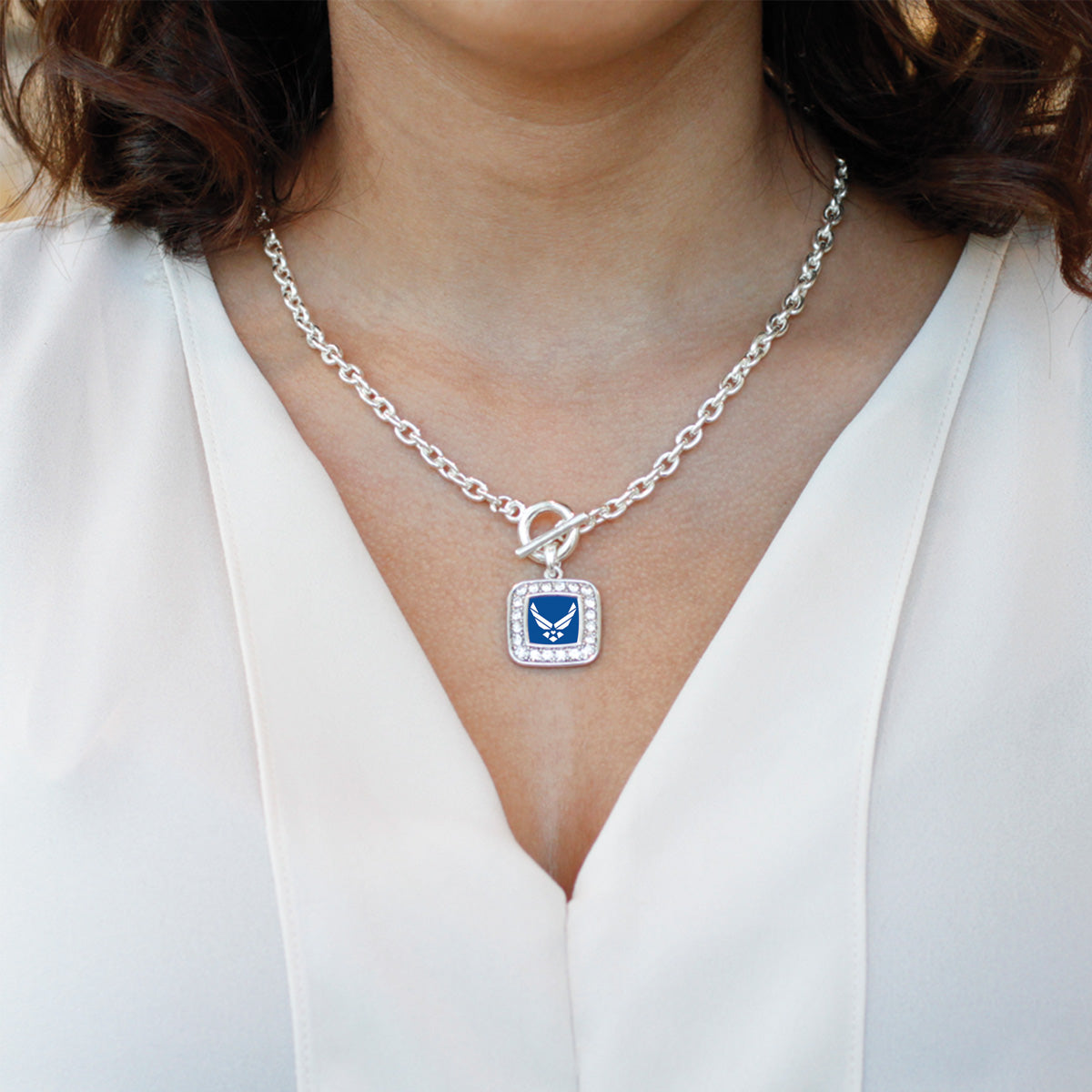 Silver Air Force Symbol Square Charm Toggle Necklace