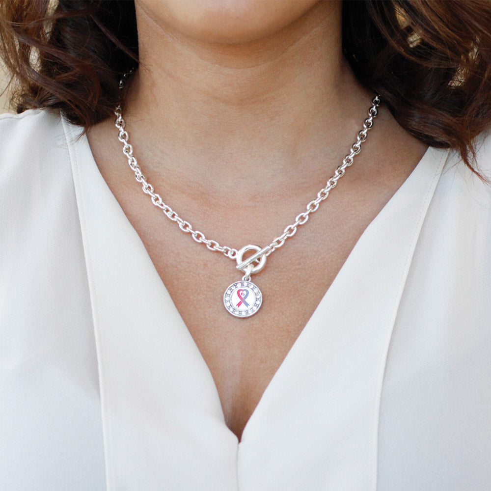Silver Pro-Life Ribbon Circle Charm Toggle Necklace