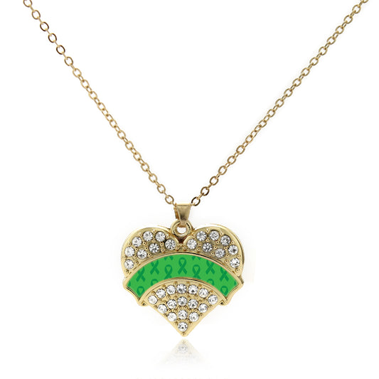 Gold Green Ribbon Support Pave Heart Charm Classic Necklace