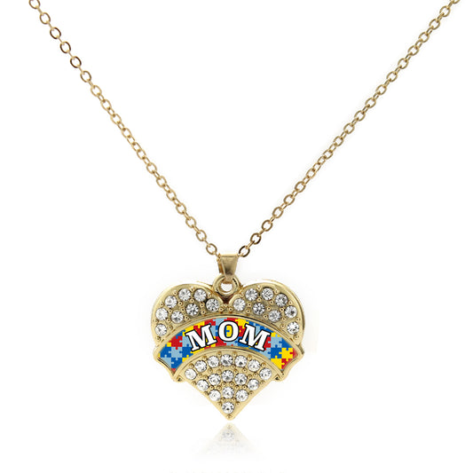 Gold Autism Mom Pave Heart Charm Classic Necklace
