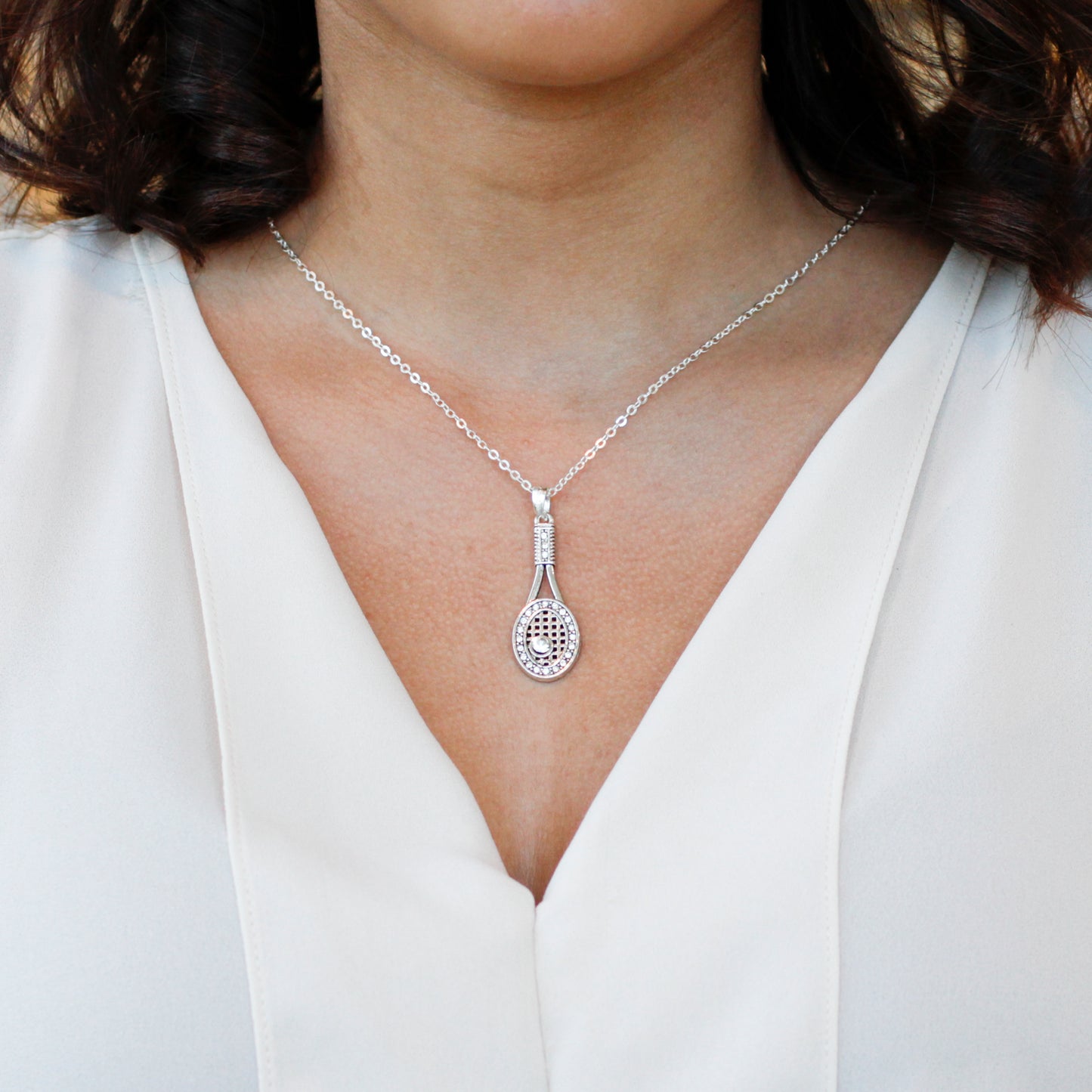 Silver Tennis Racket Charm Classic Necklace