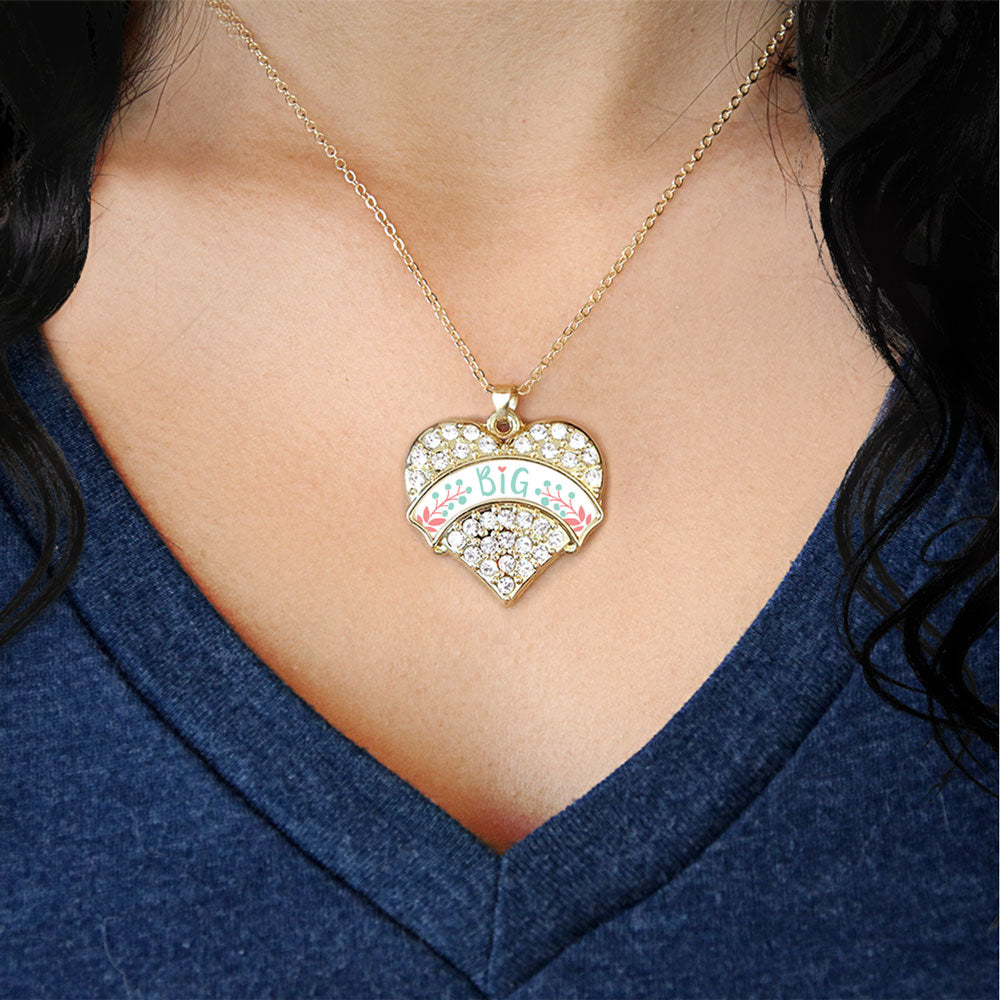 Gold Mint and Peach Big Pave Heart Charm Classic Necklace