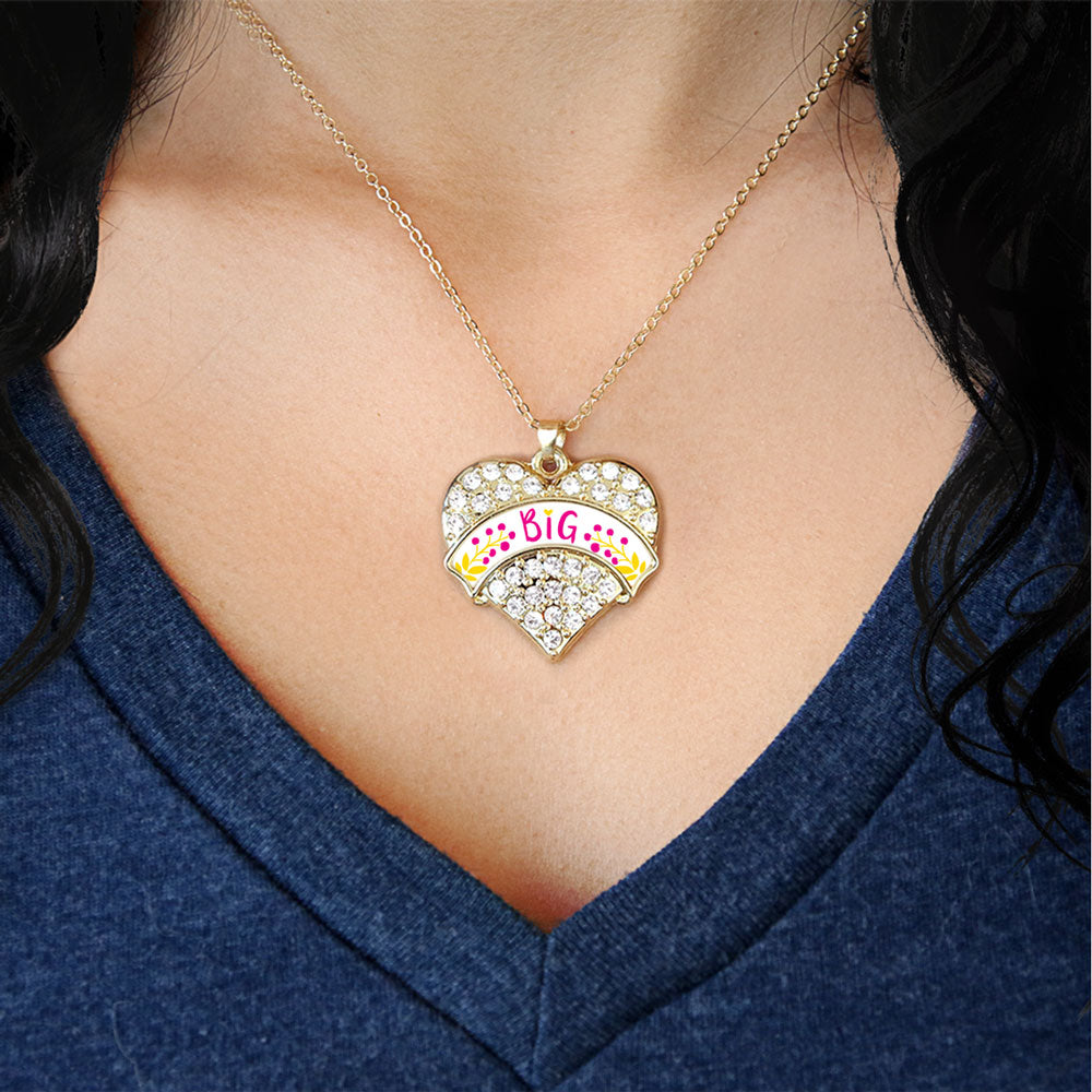 Gold Fuchsia and Yellow Big Pave Heart Charm Classic Necklace