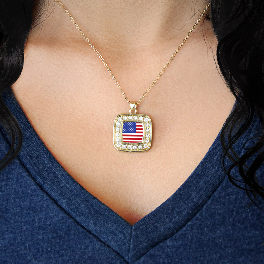 Gold American Flag Square Charm Classic Necklace