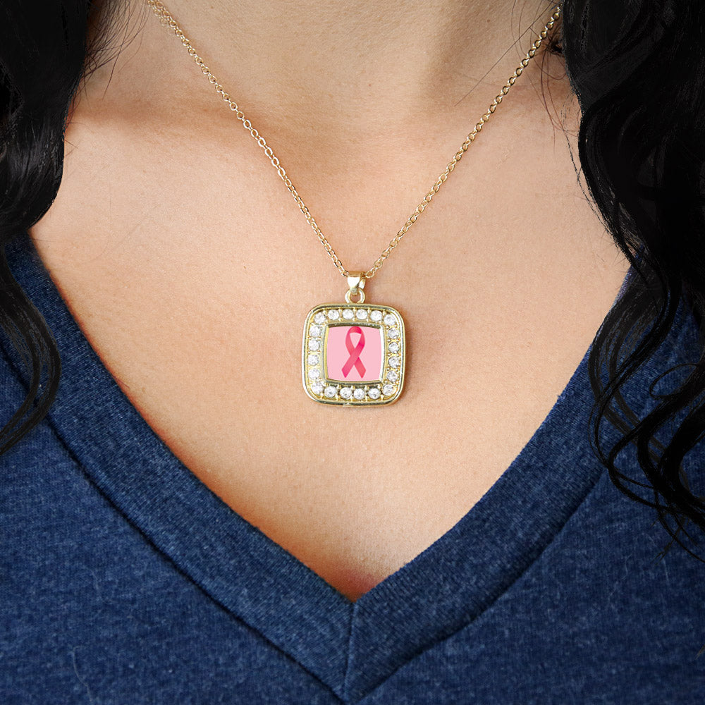 Gold Breast Cancer Square Charm Classic Necklace
