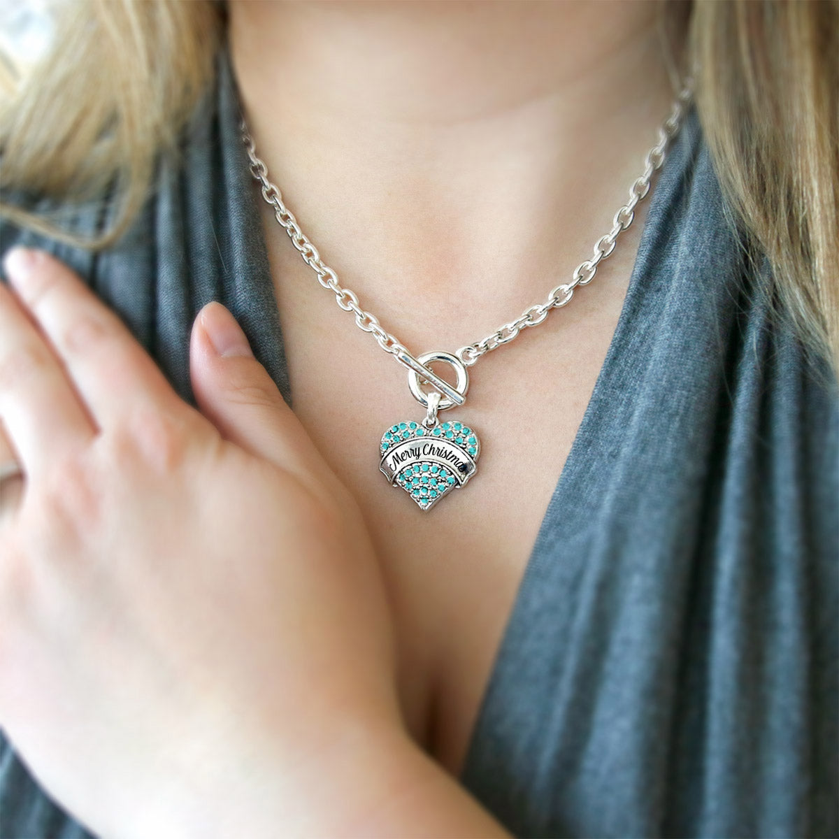 Silver Merry Christmas Aqua Aqua Pave Heart Charm Toggle Necklace